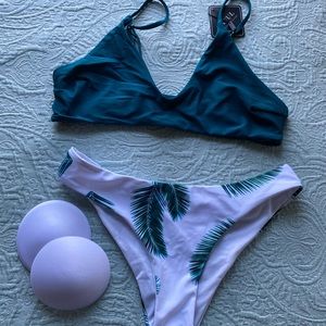 Zaful Green and White Fern Bikini Set